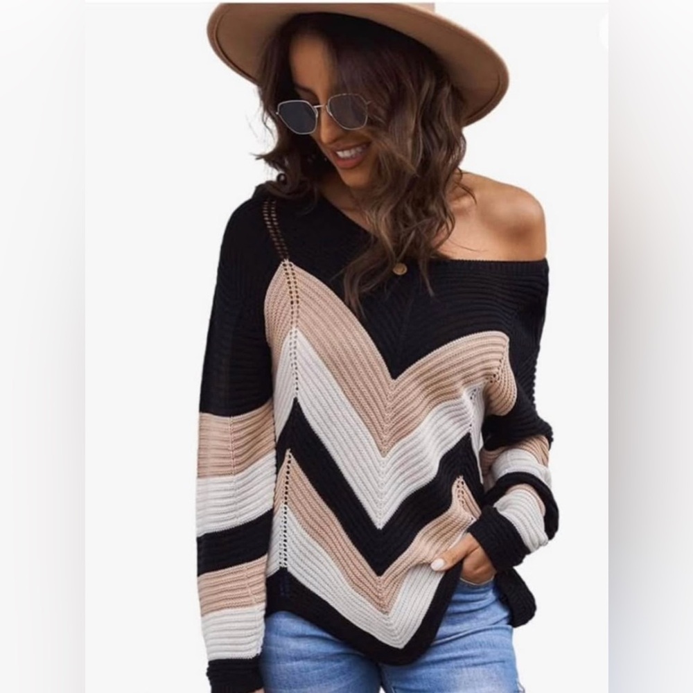 Off-the-Shoulder Chevron Sweater - Black, Tan, and Cream
